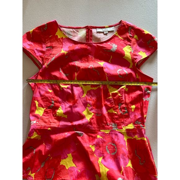 LOFT Floral Print Peplum Cap Sleeve Bright Orange Pink Yellow Top Size 4 - Picture 6 of 8